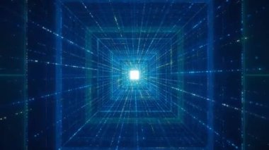 Mavi bir dijital metaevren mavi noktalı tünele doğru uçuyor. 3D Büyük Data yapay zeka siber uzayı fütüristik matrisle donatır. İkili kod satırları hologram ağı.
