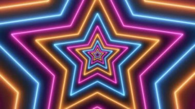 Geometrik renkli parlayan neon yıldızlar geometrik tünel, 4k döngü arkaplan