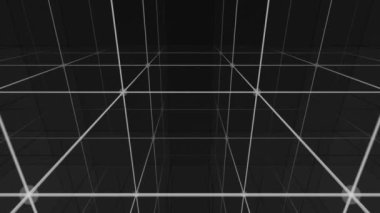 Kamera, Y 'yi 3D ızgaralı sonsuz uzaya çekiyor. Yüksek Hız Bağlantısı ve İletişim Teknolojisi Soyut Arkaplan Kavramı. Dijital Siber Alan Veri Ağı Bağlantıları. 4K Kusursuz Döngü. 