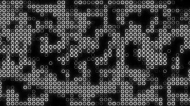 Soyut arkaplan, titreşen ve yanıp sönen beyaz daireler, Konser Elementleri Teknoloji Paneli, Rastgele ışıkların ortaya çıktığı ve kaybolduğu, 4k döngü hareketli animasyon  
