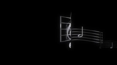 Müzik Arkaplanı: 3D siyah zemin üzerinde akan parlak müzik notaları, 4k kusursuz animasyon