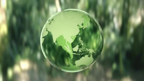 Rotating Planet Earth Shaped Ball Made Crystal Green Forest Sustainability — Video