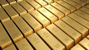 Altın külçelerinin 3 boyutlu animasyonu ya da külçe külçeler yavaş çekimde banka kasasında. Bir yığın altın külçesini gösteren bir kamera. 4k döngü arkaplanı 