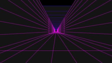 3d Retro futuristic video game abstract animation with changing colors. Cyberpunk vertrex grid arcade background, space landscape exploration 4k looping animation.