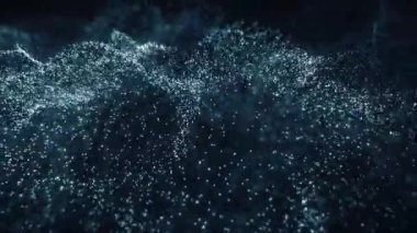 Hareket eden ve titreşen dalga parçacıkları olan soyut mavi arkaplan. Bokeh tanelerinin arkaplan ışığı efekti. 4k döngü Canlandırması