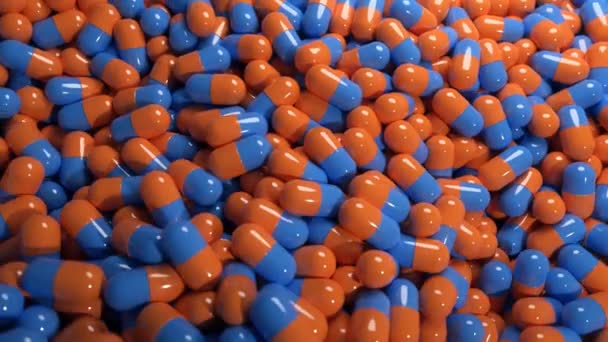 Realistisk Återgivning Stor Mängd Orange Och Blå Medicinska Piller Rör — Stockvideo