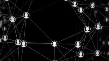 Bağlantılar ağı ve beyaz insanlar simgeleri siyah arkaplan üzerinde etkileşim, küresel iletişim ağı konsepti, ağ oluşturma, insanları birbirine bağlayan çizgiler, 4k döngü canlandırması 