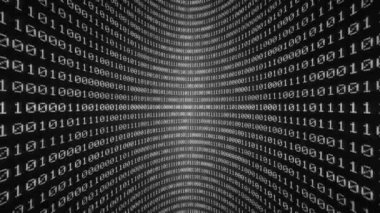 Soyut kodlama veri akışı arkaplanı, eğimli bir sanal ekran üzerinde hareket eden ikili basamaklar, teknolojik büyük veri siber alanı, kripto madenciliği, 4k animasyon döngüsü