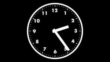 4k 2d minimal saat animasyonu, kusursuz döngü, 30 saniye içinde tam 12 saatlik döngü, saatin el hızı dönüşü. Siyah arkaplanda 2d beyaz saat.