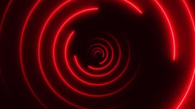 3D parlayan teknoloji neon kırmızı daireler şeklinde spiral arka plan. Minimum hareket tasarımı neon lambalar optik illüzyon tüneli 4k kusursuz döngü animasyonu.