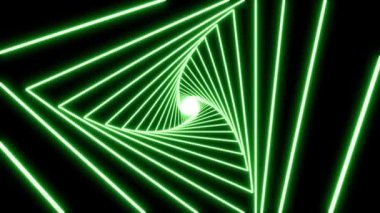 Kameraya doğru hareket eden yeşil neon üçgen tünel, spektral metal parıltılı soyut arkaplan, neon geometrik arkaplan, 4k döngülü uzun tünel
