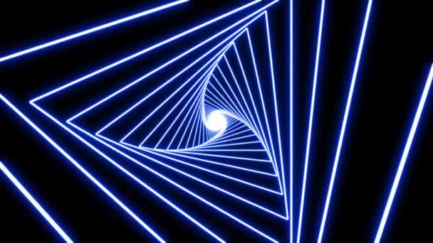 Камера Движется Голубой Неоновый Треугольный Туннель Абстрактный Трехмерный Светящийся Фон — стоковое видео