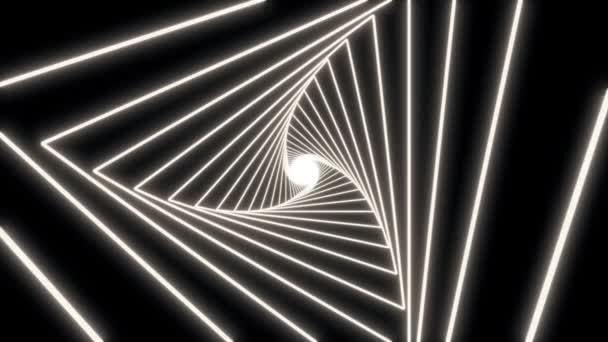 Kamera Przemieszcza Się Trójkątnego Tunelu White Neon Abstrakcyjne Świecące Tło — Wideo stockowe