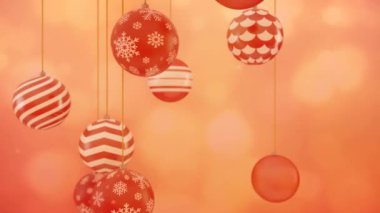 Kırmızı renkli Noel ağacı süsleme topları yumuşak kırmızı 4k arka planda dönüyor, 3D canlandırma canlandırması