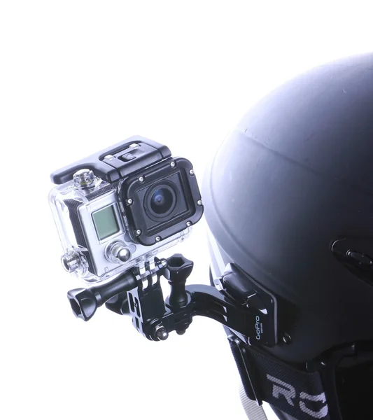 Macchina fotografica GoPro attaccata a un casco Foto Stock