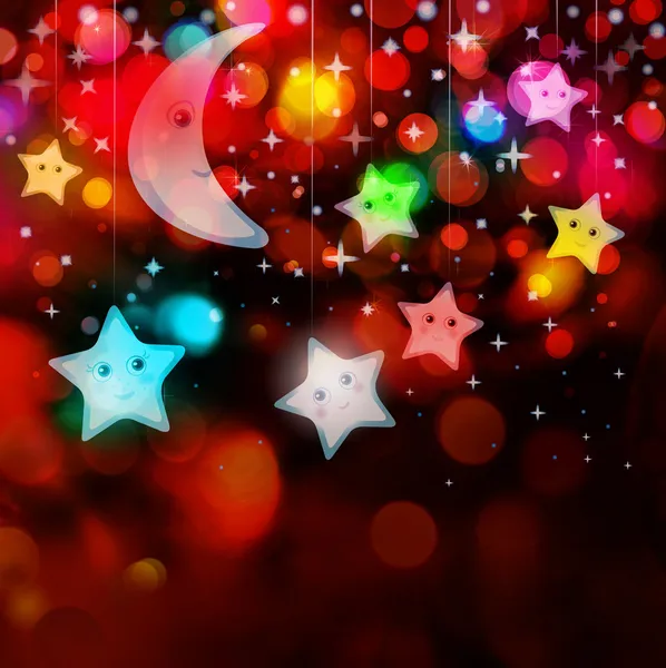 Moon and stars on colorful lights background — Stock Photo, Image