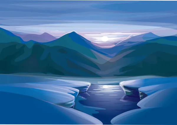 Vector de paisaje de atardecer de invierno, con reflejo en el lago — Vector de stock