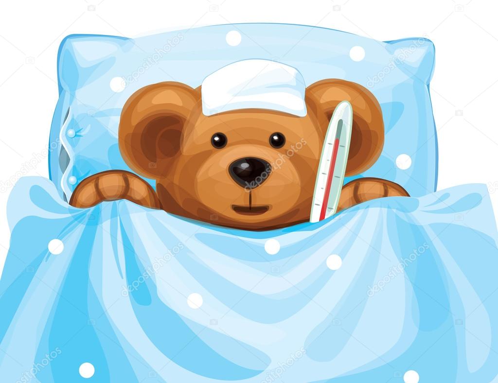 Vector of sick baby bear with thermometer in bed.