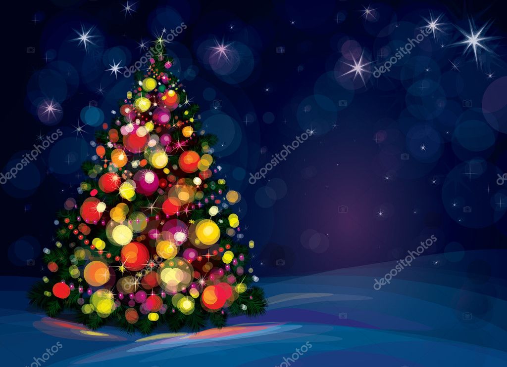 Christmas tree and decorations on winter background. — Stock Vector