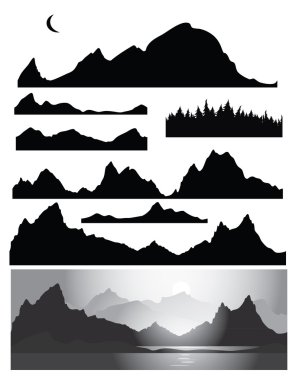 Silhouettes of mountain for design, all elements of rocks and forest are seamless clipart