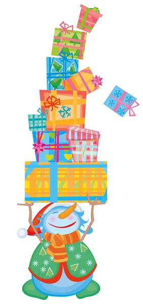 Bonhomme de neige drôle avec des cadeaux pour le design . — Image vectorielle