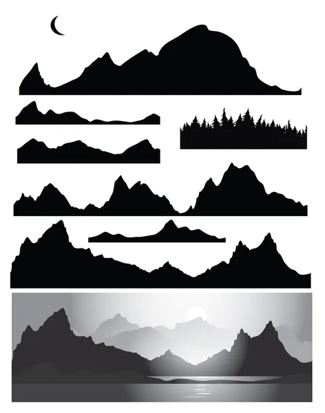 Silhouettes of mountain for design, all elements of rocks and forest are seamless — Stock Vector