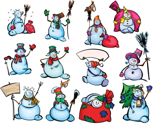 Big set of fun snowmen for design. — Stock Vector