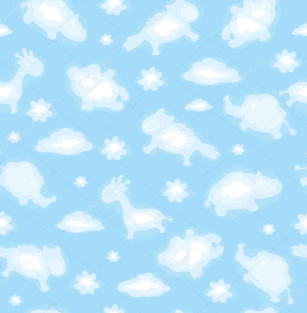 Seamless cute pattern of sky with funny toy clouds.