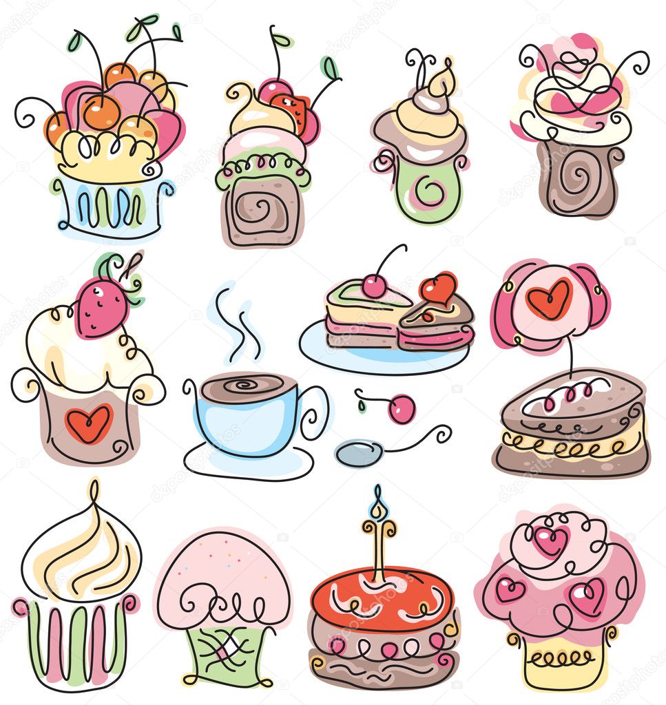Cute icons of cupcakes for sweet design.