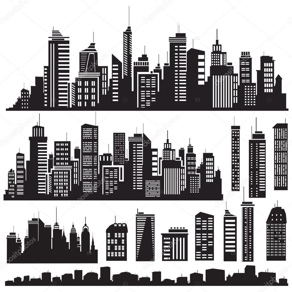 Set of vector cities silhouette and elements for design.