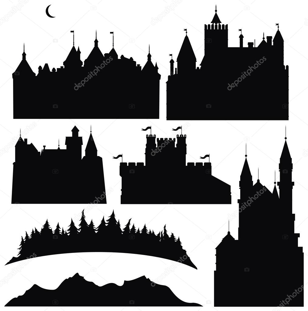 Silhouettes of castles and elements for design.