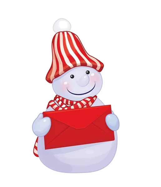 Snowman holding red envelope — Stock Vector
