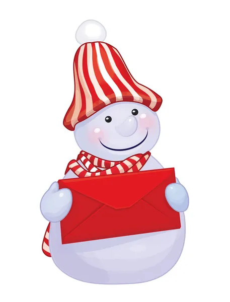 Boneco de neve segurando envelope vermelho — Vetor de Stock