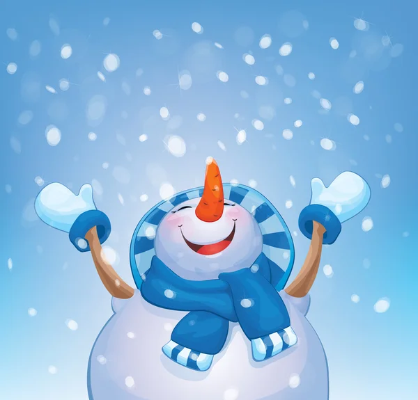 Bonhomme de neige heureux et chutes de neige . — Image vectorielle