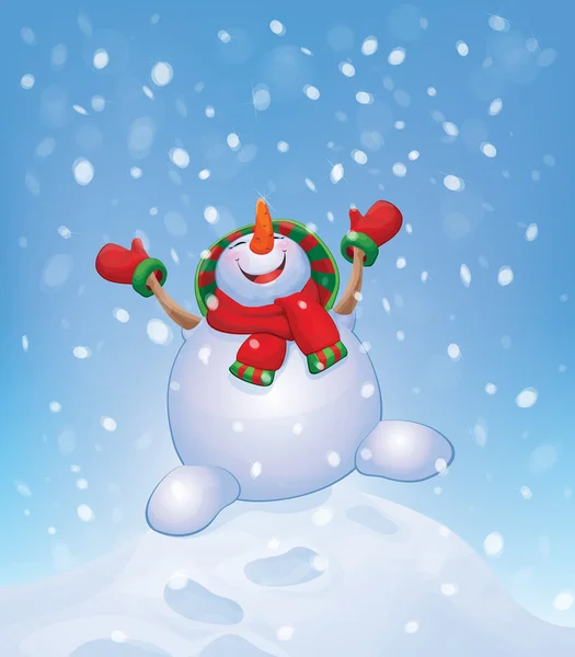 Bonhomme de neige heureux et chutes de neige . — Image vectorielle