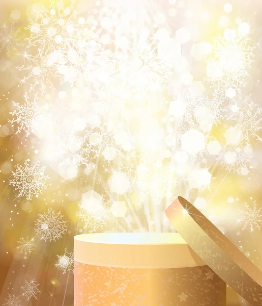 Vettore d'oro regalo aperto su sfondo luci di Natale . — Vettoriale Stock