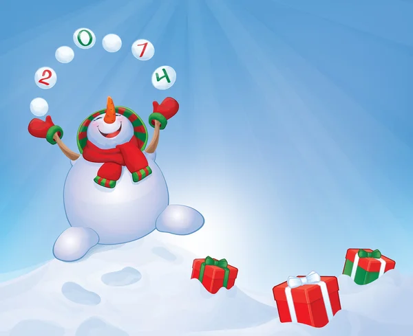 Vektor glücklich Schneemann mit Geschenken auf Winter Hintergrund. — Stockvektor