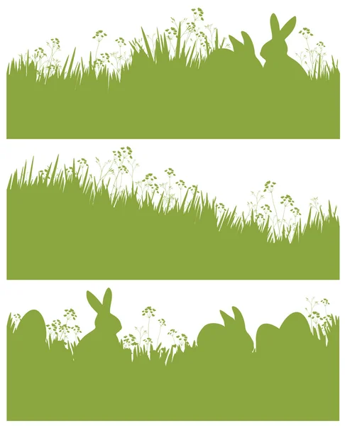 Vector silhouette Easter spring backgrounds, rabbits and eggs — Stock Vector