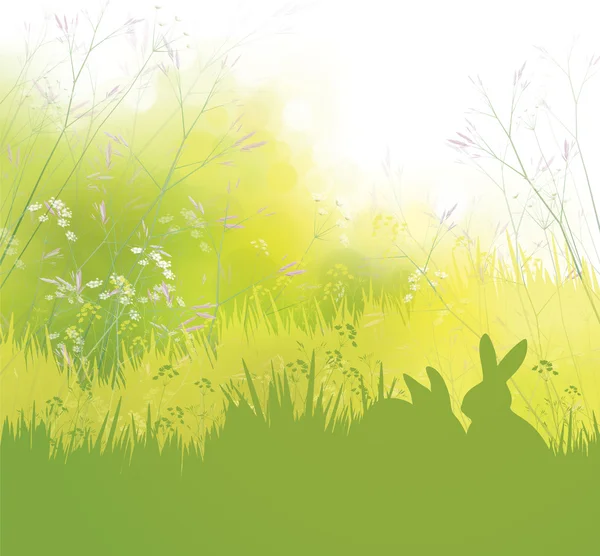 Vector spring background, rabbits in grass. — Stock Vector