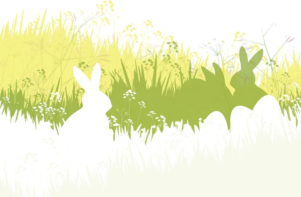 Vector spring background, rabbits and eggs in grass. — Stock Vector