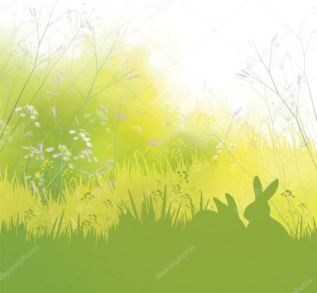 Vector spring background, rabbits in grass.