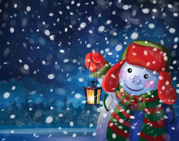 Vector muñeco de nieve sosteniendo linterna sobre fondo de nevada . — Vector de stock