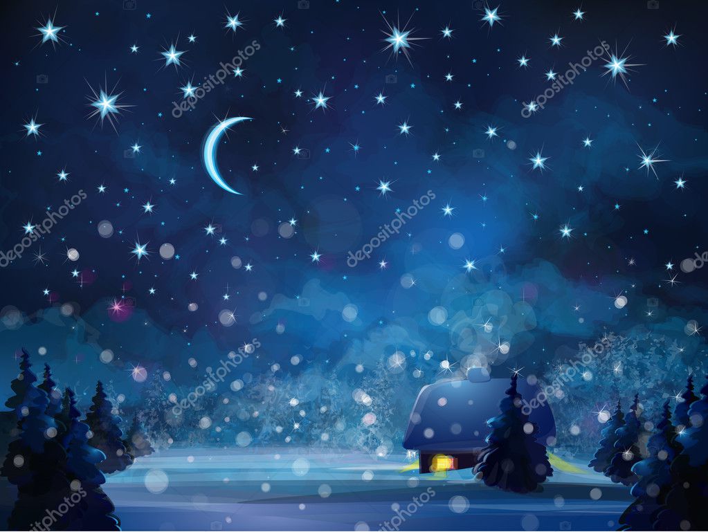 Vector winter night landscape with house in forest. — Stock Vector ...