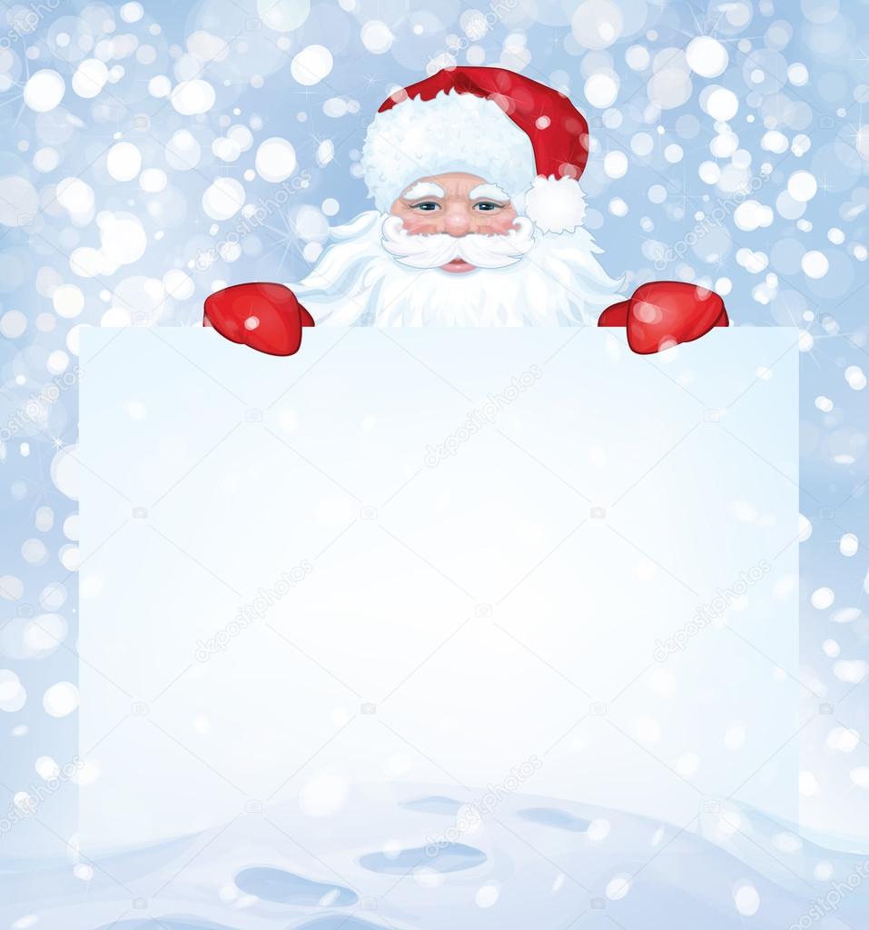 Vector Santa Claus  hiding by blank on snowfall background.