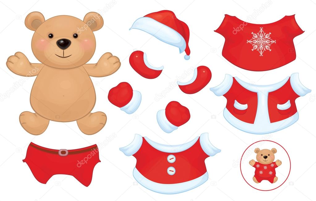 Vector cute  bear toy with  set of Santa Claus costume clothes.