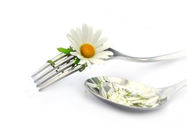 kaşık ve çatal papatya çiçeği ile.