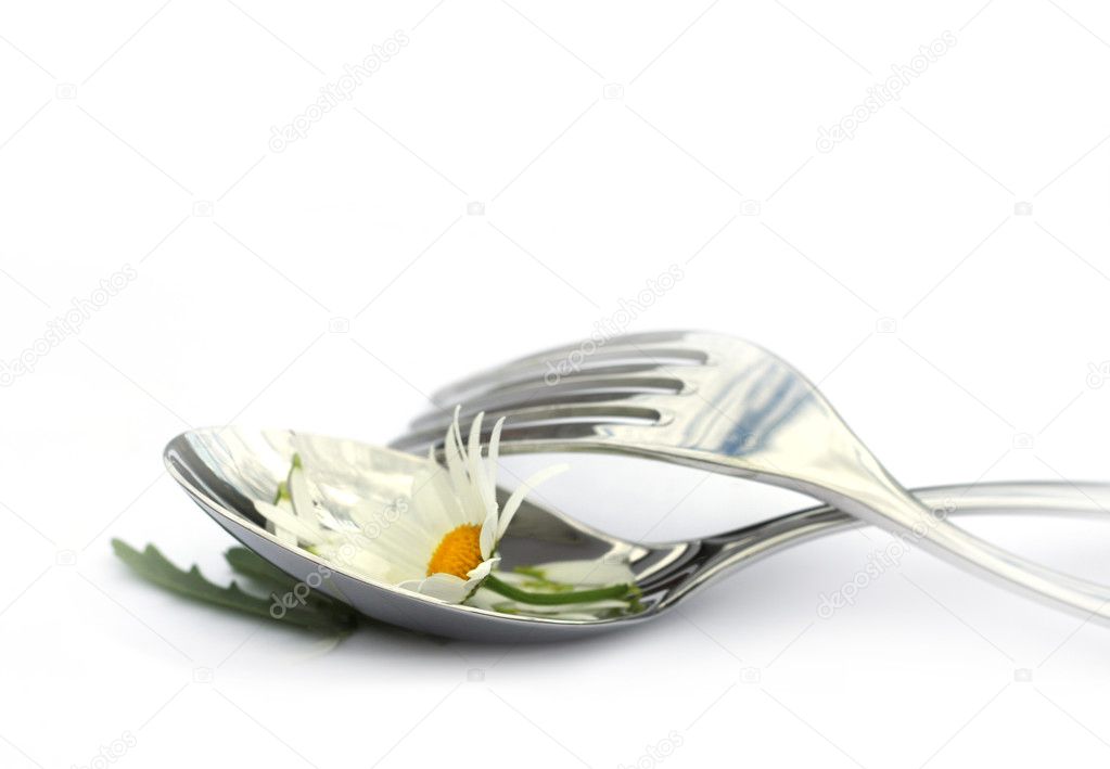 Spoon and fork with  chamomile flower.