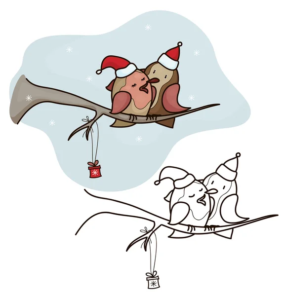 Vögel am Ast, Weihnachtskarte. — Stockvektor