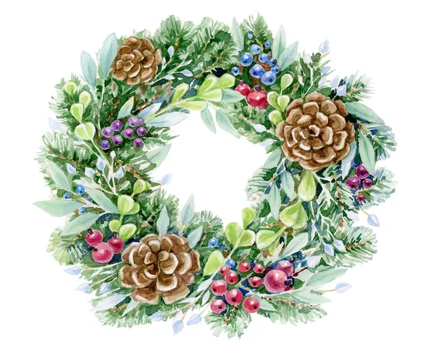 Coroa Natal Moldura Redonda Inverno Isolada Branco Ilustração Aquarela — Fotografia de Stock
