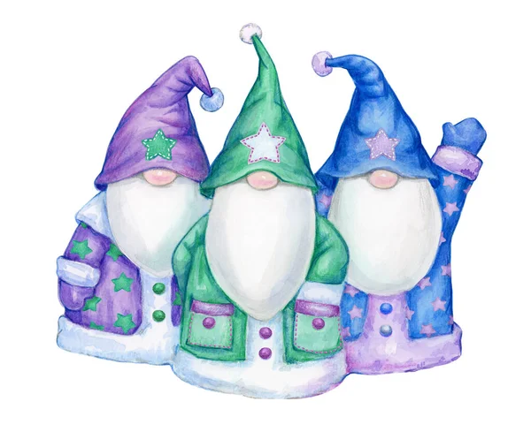 Kerst Leuke Kabouters Cartoons Geïsoleerd Wit Vrolijk Kerstkaartje Aquarelillustratie — Stockfoto